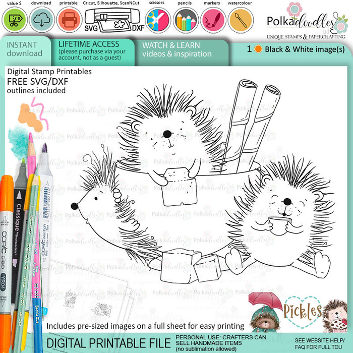 Pickles Hedgehog teacup - Christmas cute printable digital stamp for card making, craft, scrapbooking, printable stickers