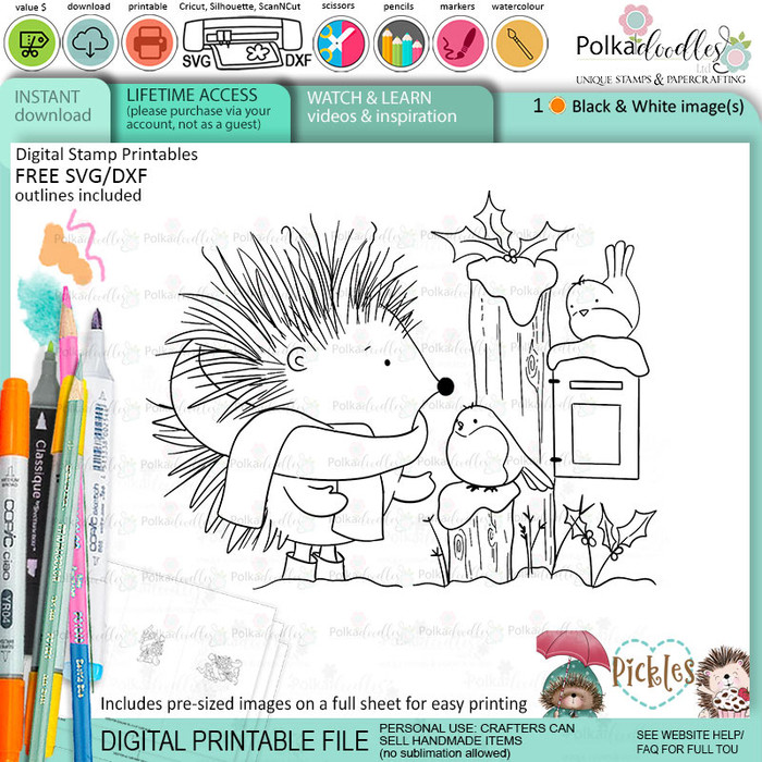 Pickles Hedgehog printable stamp craft card making digital stamp download bundle