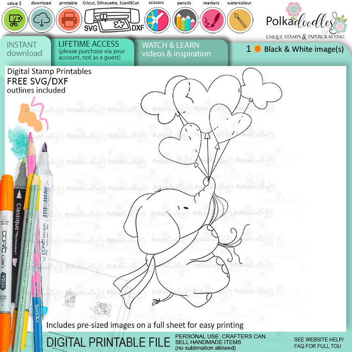 Flying Balloons elephant printable digital stamp for card making, craft, scrapbooking, printable stickers