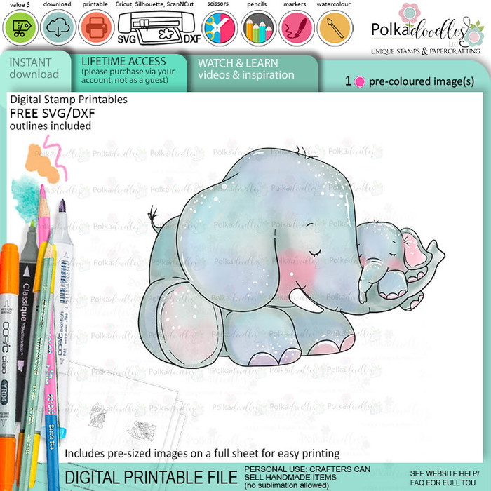 Mums the word elephant colour clipart printable digital stamp for card making, craft, scrapbooking, printable stickers