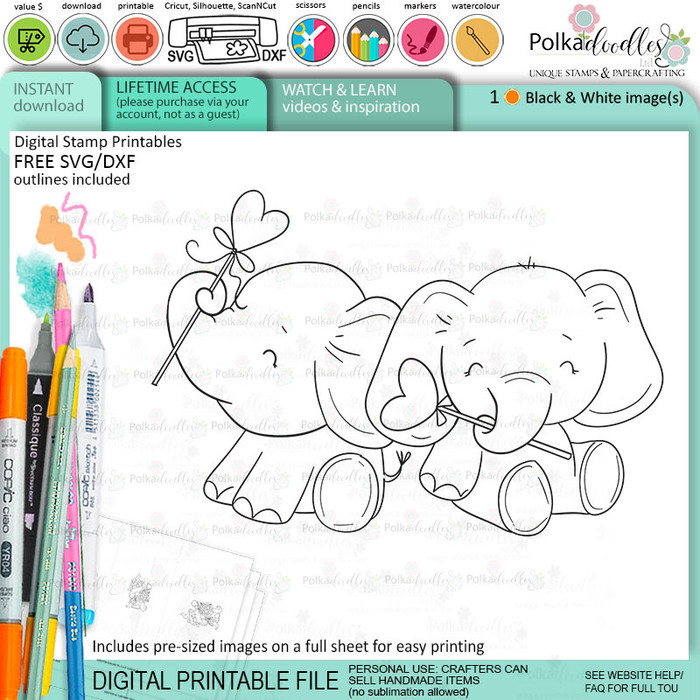 Two Hearts elephant printable digital stamp for card making, craft, scrapbooking, printable stickers