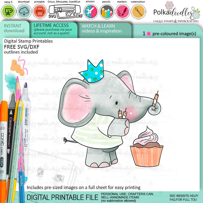Cupcake elephant colour clipart printable digital stamp for card making, craft, scrapbooking, printable stickers