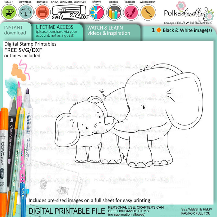 Family Love elephant printable digital stamp for card making, craft, scrapbooking, printable stickers