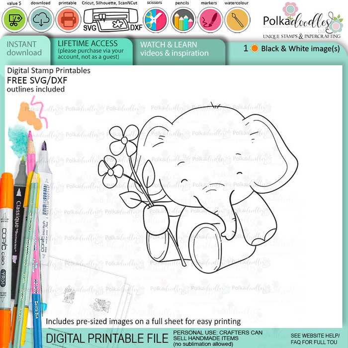 Flowers elephant printable digital stamp for card making, craft, scrapbooking, printable stickers
