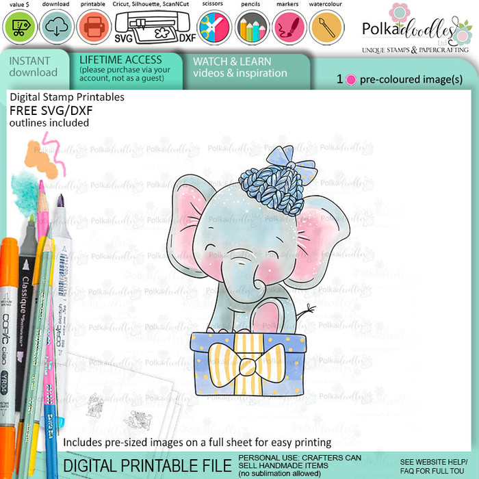 Gift time elephant colour clipart printable digital stamp for card making, craft, scrapbooking, printable stickers