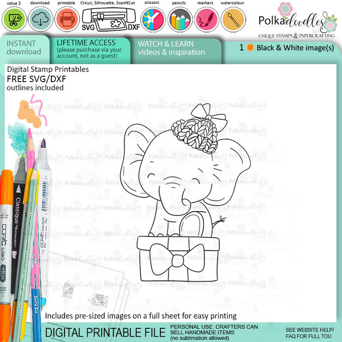 Gift time elephant printable digital stamp for card making, craft, scrapbooking, printable stickers