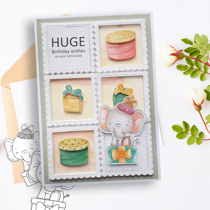 Gift time elephant printable digital stamp for card making, craft, scrapbooking, printable stickers