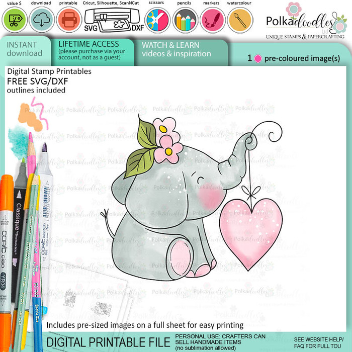 Love Flowers elephant colour clipart printable digital stamp for card making, craft, scrapbooking, printable stickers
