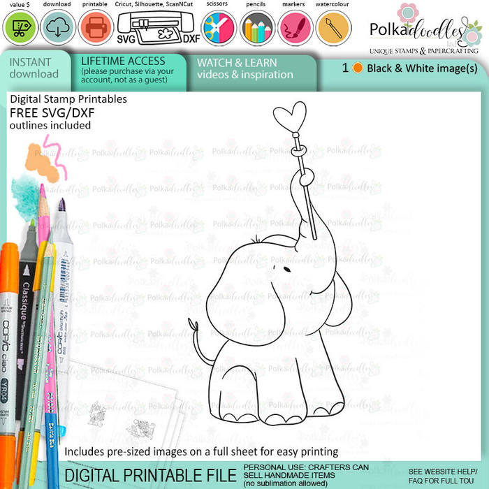 Love is elephant colour clipart printable digital stamp for card making, craft, scrapbooking, printable stickers