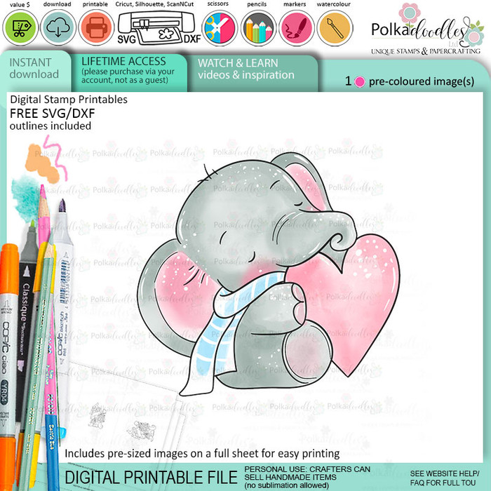 Love You elephant printable digital stamp for card making, craft, scrapbooking, printable stickers