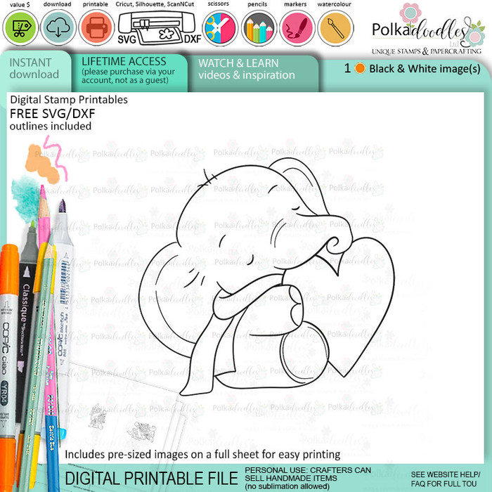 Love You elephant colour clipart printable digital stamp for card making, craft, scrapbooking, printable stickers