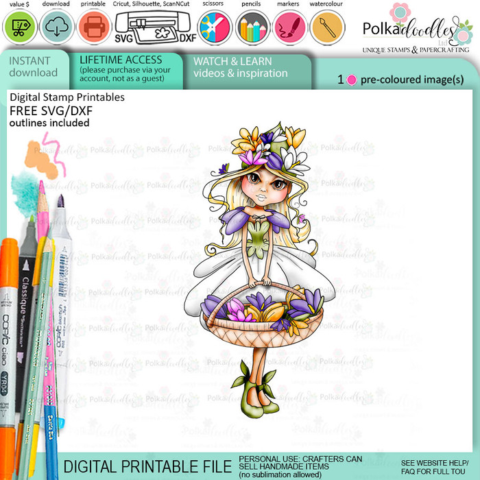 Crocus flower girl Darling Buds - colour clipart printable digital stamp for card making, craft, scrapbooking, printable stickers