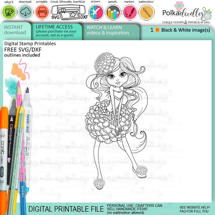 Dahlia flower girl Darling Buds - printable digital stamp for card making, craft, scrapbooking, printable stickers