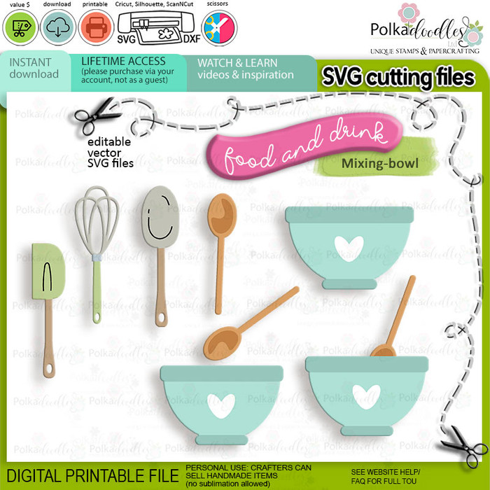 Mixing Baking Bowl, Spoon, Spatula, Whisk Food, Drink, Kitchen SVG cutting files - cricut-silhouette-cutting-file-printable-digital-SVG-waffles-food-kitchen-colour-clipart-craft-card-making-scrapbook-sticker