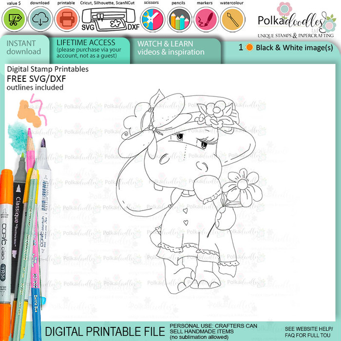 Blushing cute Helga Hippo printable digital stamp - card making crafts scrapbooking sticker with SVG print and cut outline