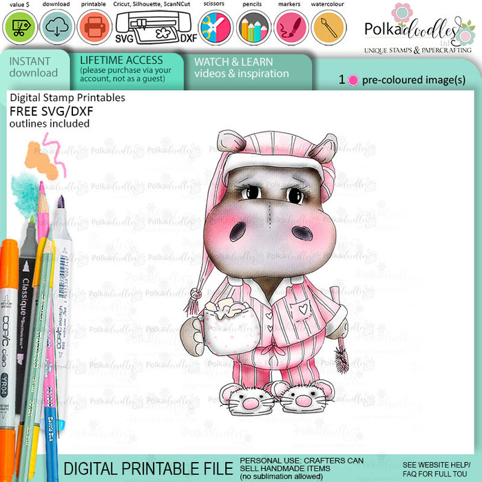 Bedtime pyjamas cute Helga Hippo printable precoloured clipart card making crafts scrapbooking sticker with SVG print and cut outline
