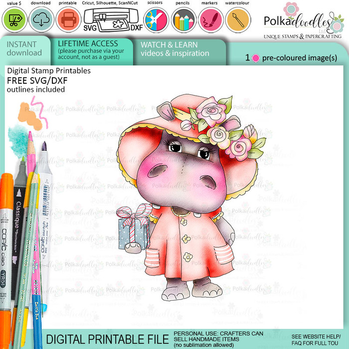 Gift for you cute Helga Hippo printable precoloured clipart card making crafts scrapbooking sticker with SVG print and cut outline