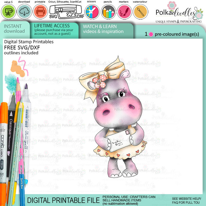 Mail letter post cute Helga Hippo printable precoloured clipart card making crafts scrapbooking sticker with SVG print and cut outline