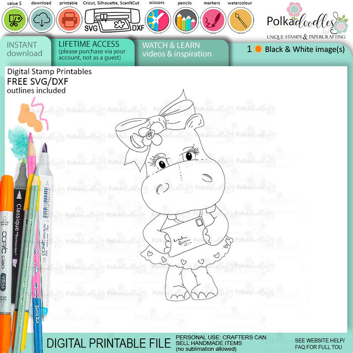 Mail letter post cute Helga Hippo printable digital stamp - card making crafts scrapbooking sticker with SVG print and cut outline