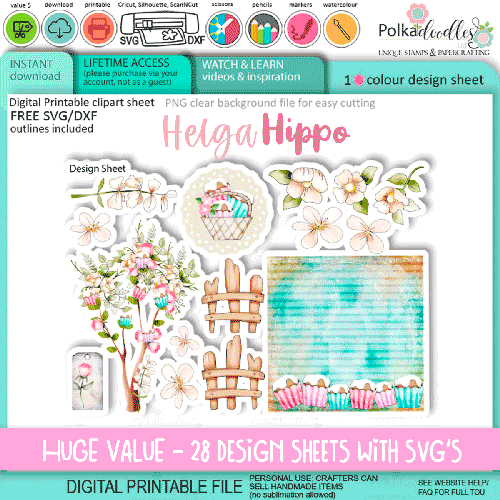 28 x Helga Hippo Quick & easy design sheet templates. Cute Print and Cut SVG Files for Cricut Silhouette Scan and Cut machines – for handmade cards, cardmaking, crafts