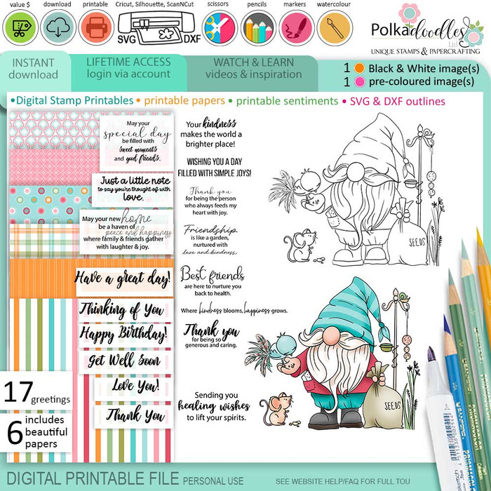 Cute Gnome feeding bird and mouse bundle digital stamp printable for card making, crafting, scrapbooking, junk journal