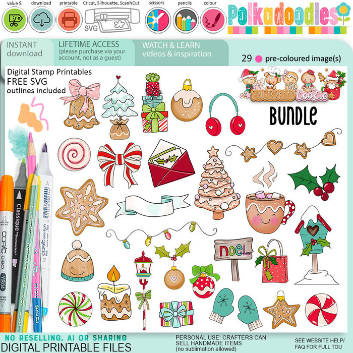 Sweet Christmas clipart bundle - Gingerbread Cookie digital stamp clipart for card making, craft, scrapbooking, junk journal stickers