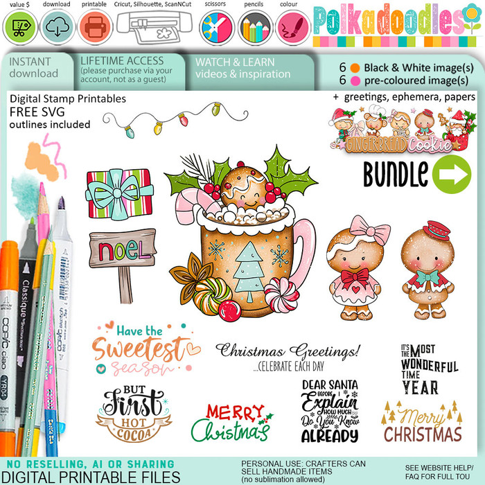 Sweet Gingerbread Cookie Christmas digistamp clipart digital stamps, printables, clipart for card making, craft, junk journals