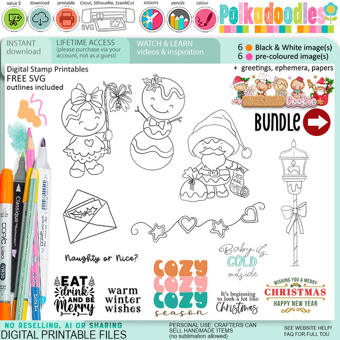 Cosy Gingerbread Cookie Christmas digistamp clipart digital stamps, printables, clipart for card making, craft, junk journals