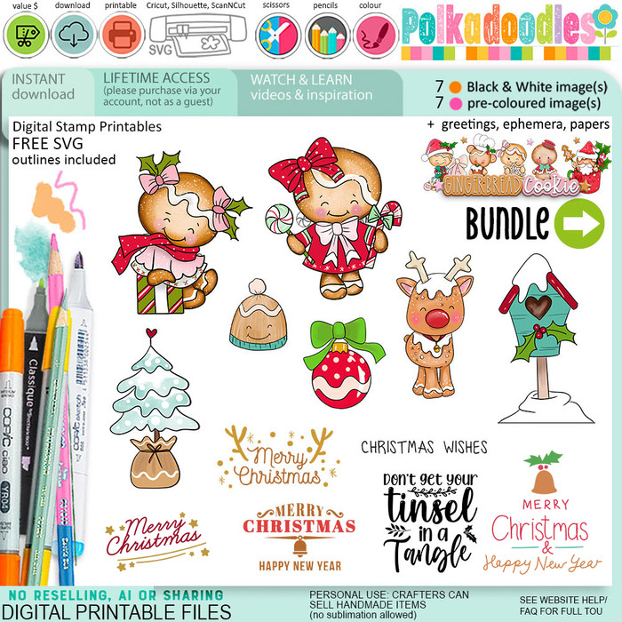Oh Deer Gingerbread Cookie Christmas digistamp clipart digital stamps, printables, clipart for card making, craft, junk journals