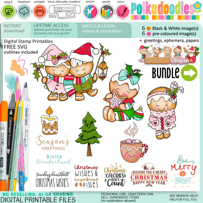 Sweet Hugs Gingerbread Cookie Christmas digistamp clipart digital stamps, printables, clipart for card making, craft, junk journals