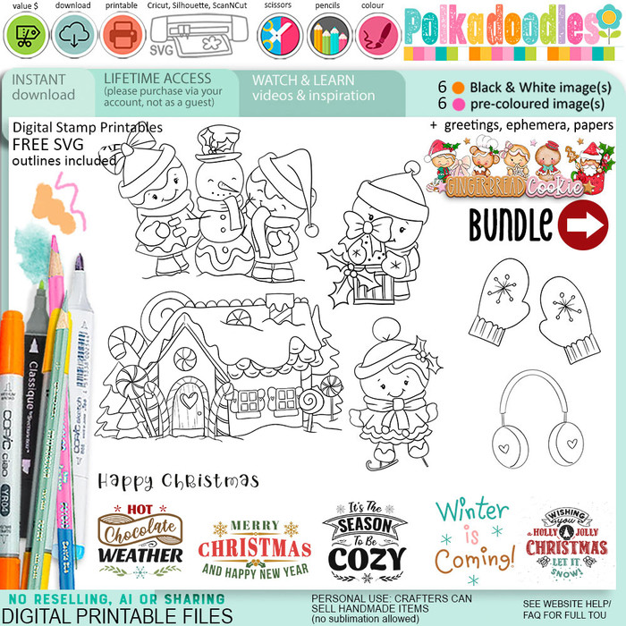 Snow Day Gingerbread Cookie Christmas digistamp clipart digital stamps, printables, clipart for card making, craft, junk journals