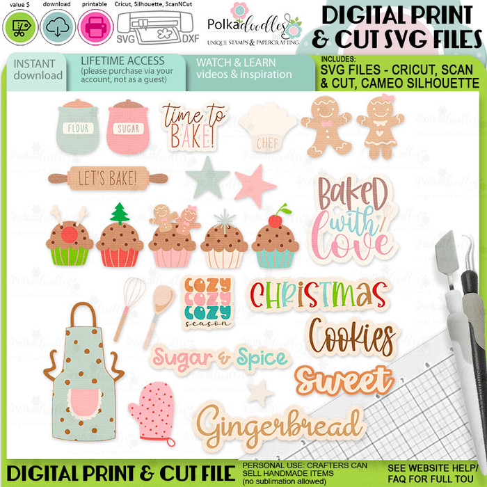 Christmas Gingerbread Cookie Baking Cooking Kitchen SVG Print & Cut Files for Cricut Silhouette Scan and Cut machines – handmade cards, cardmaking, craft, stickers, scrapbooks, planner crafts