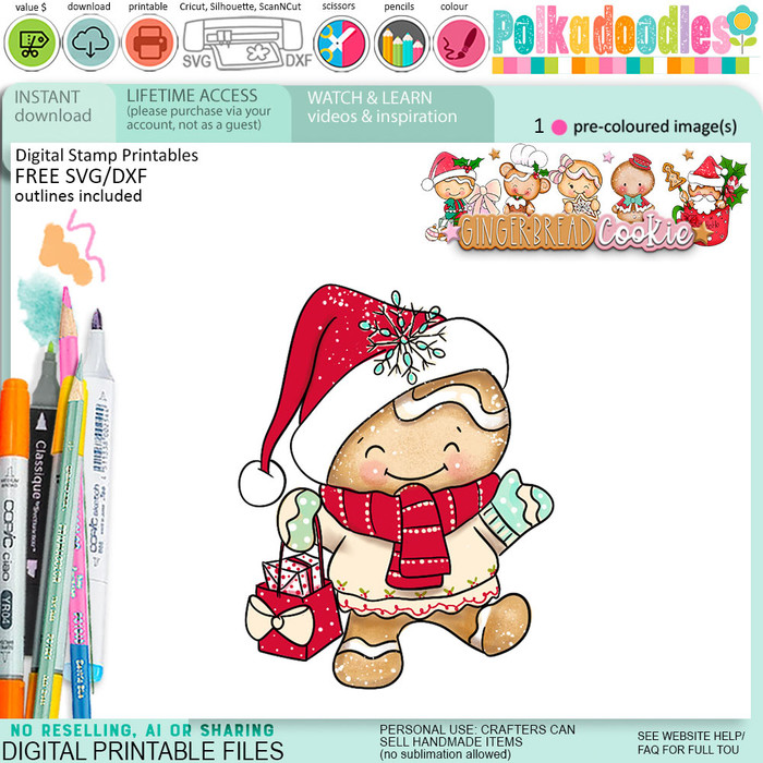 Gift Bag Christmas Gingerbread Cookie digistamp clipart digital stamps, printables, clipart for card making, craft, junk journals