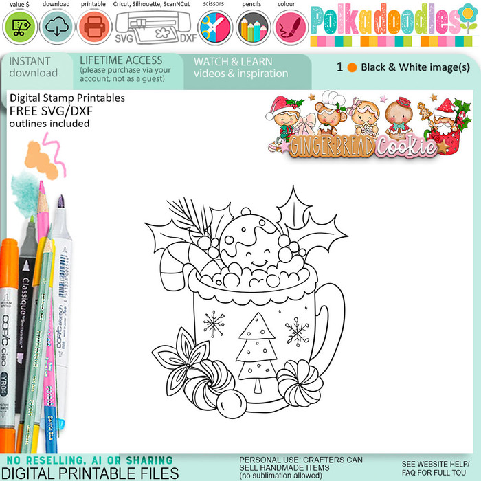 Hot Chocolate Cocoa Christmas Gingerbread Cookie digital stamps, printables for card making, craft, junk journals