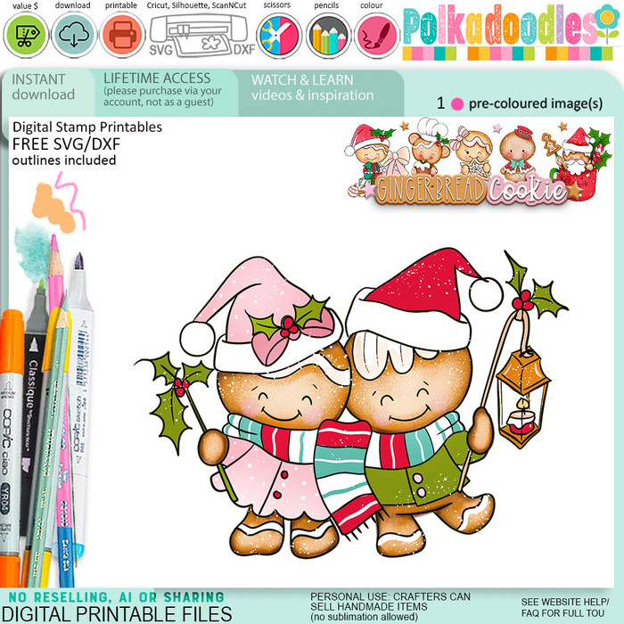 Lantern Friends Christmas Gingerbread Cookie digistamp clipart digital stamps, printables, clipart for card making, craft, junk journals