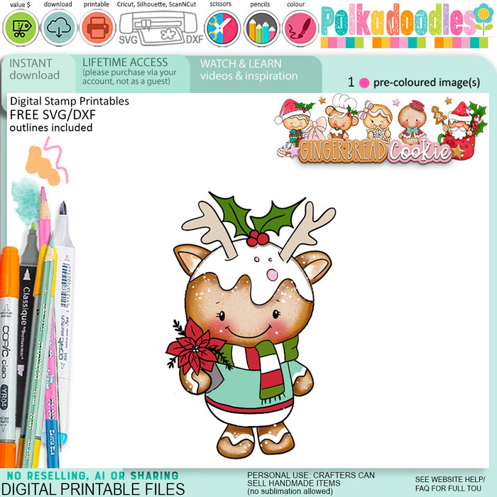 Poinsettia Reindeer Christmas Gingerbread Cookie digistamp clipart digital stamps, printables, clipart for card making, craft, junk journals