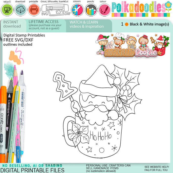 Santa Cup Christmas Gingerbread Cookie digital stamps, printables for card making, craft, junk journals