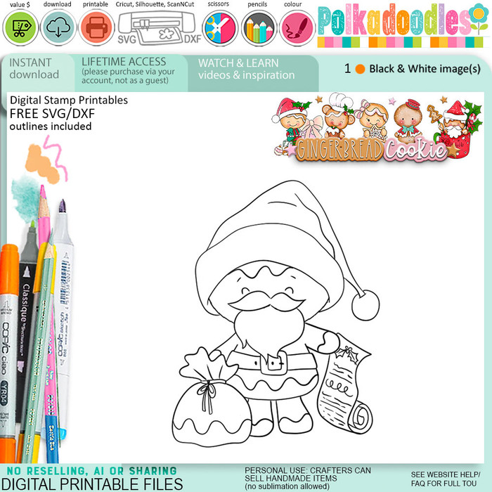 Happy Santa Christmas Gingerbread Cookie digital stamps, printables for card making, craft, junk journals