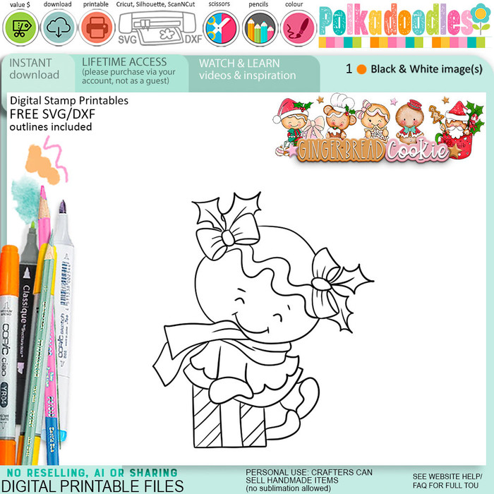 Presents Christmas Gingerbread Cookie digital stamps, printables for card making, craft, junk journals
