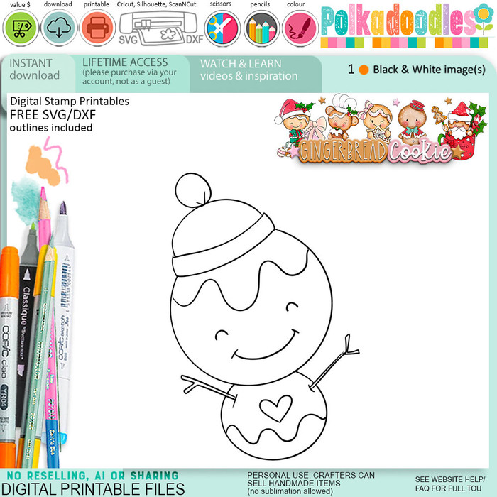 Cute snowman Christmas Gingerbread Cookie digital stamps, printables for card making, craft, junk journals