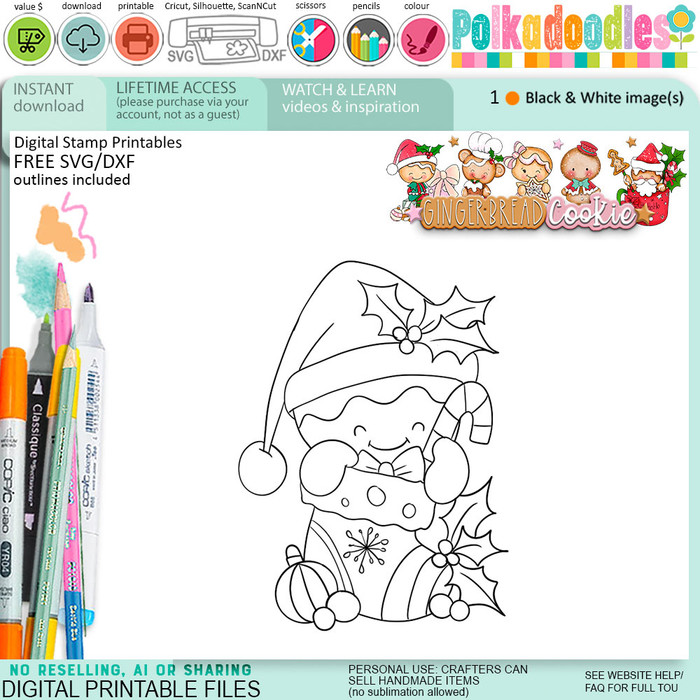 Stocking Christmas Gingerbread Cookie digital stamps, printables for card making, craft, junk journals