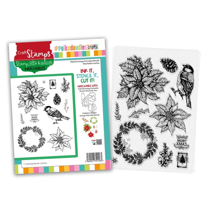 Vintage Christmas Poinsettia Wreath stamps for crafts and card making