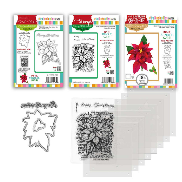 Vintage Christmas Text Poinsettia stamps, dies and 8 layering stencils for craft card making