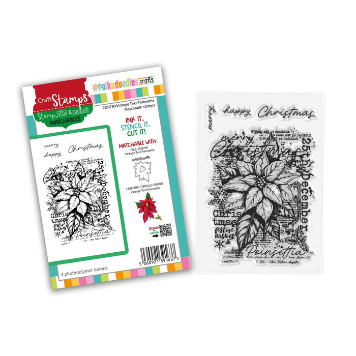 Vintage Christmas Text Poinsettia stamps for craft card making.
