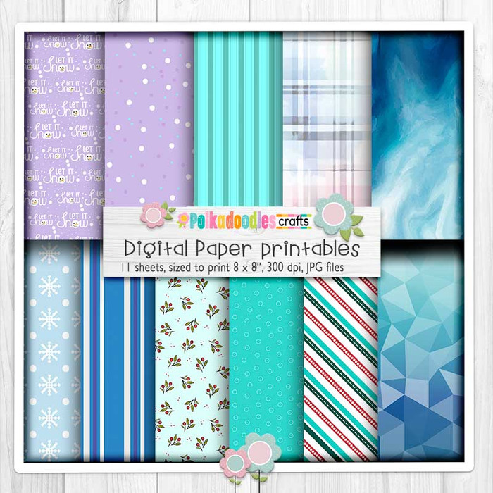 11 Icy Winter papers set 1 Theo Penguin  for card making, craft, scrapbook, junk journals