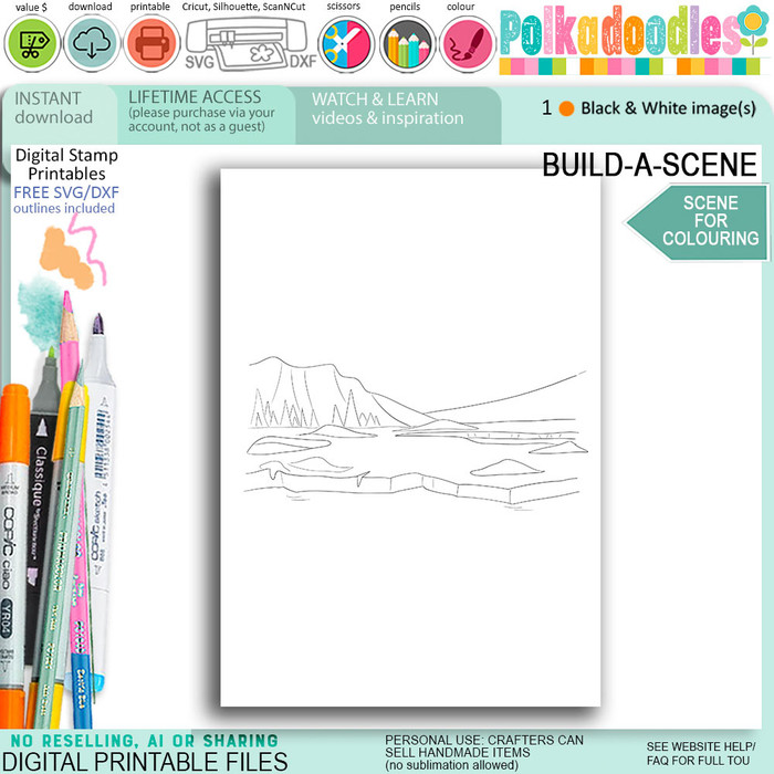 Colouring scene broken ice and mountains (inc set 2) for card making, craft, scrapbook, junk journals