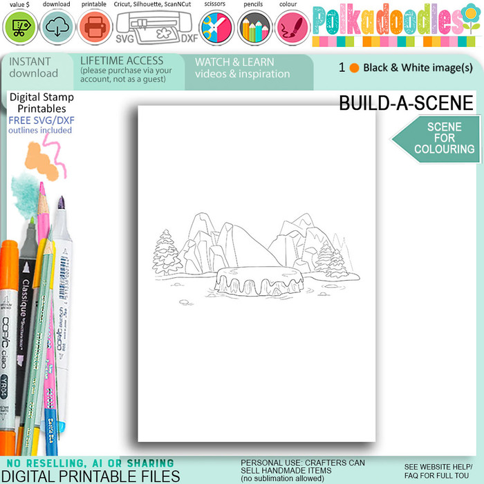 Colouring scene Floating iceberg (inc set 2)for card making, craft, scrapbook, junk journals