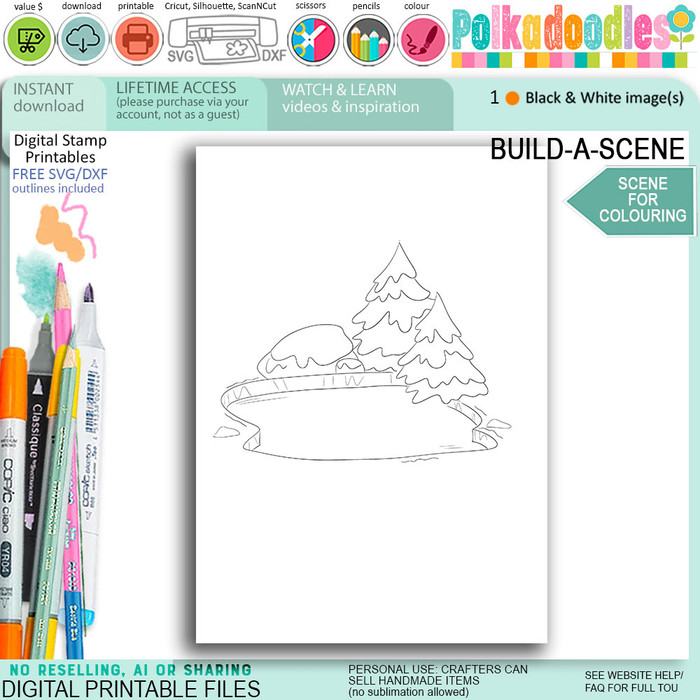 Colouring scene Frozen water and tree for card making, craft, scrapbook, junk journals