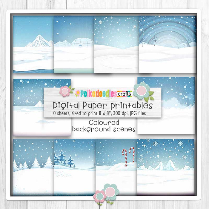 10 Precoloured background scenes bundle Winter and Ice Theo Penguin for card making, craft, scrapbook, junk journals