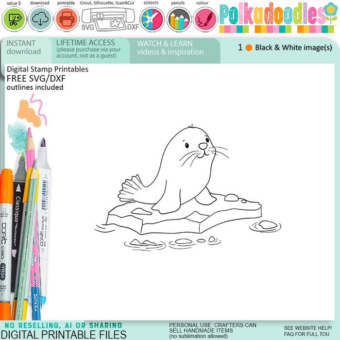 Seal on iceberg Theo Penguin - BLACK/WHITE printable digital stamp, card making, craft, sticker, junk journal, scrapbook